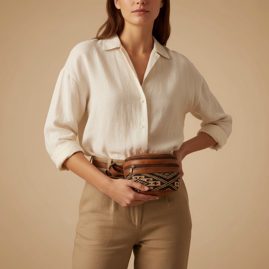 Person wearing a white shirt and beige pants with a patterned belt, against a beige background