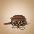 Leopard print and brown zippered pouch with a pair of glasses on a white background