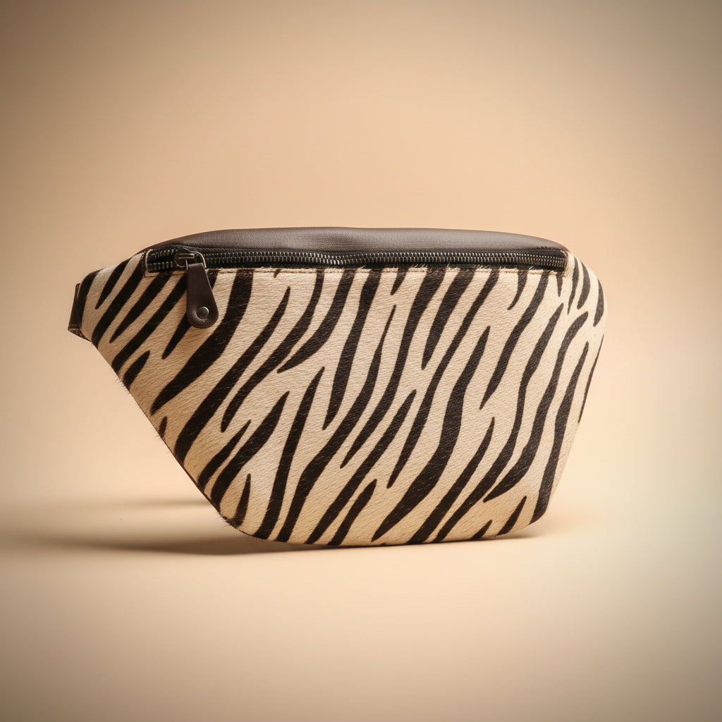 Zebra-patterned fanny pack on a beige background