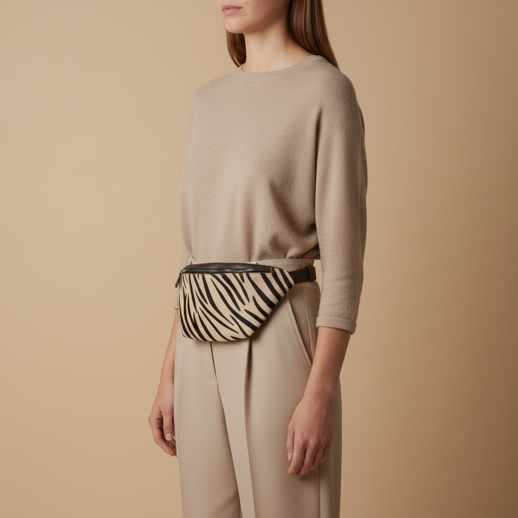 Person wearing a beige sweater and zebra-striped fanny pack against a beige background