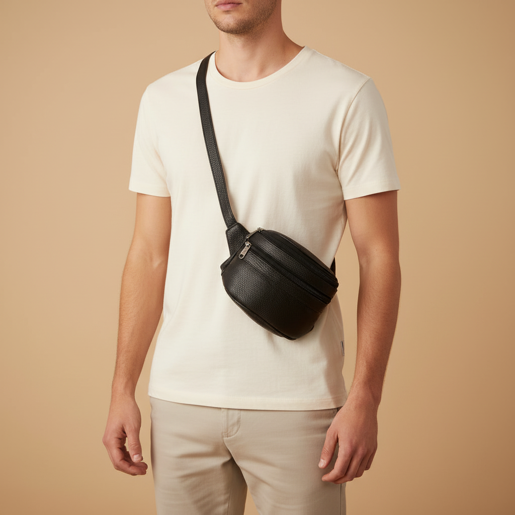 Black Leather Money Belt – Minimal Everyday Waist Bag – 01