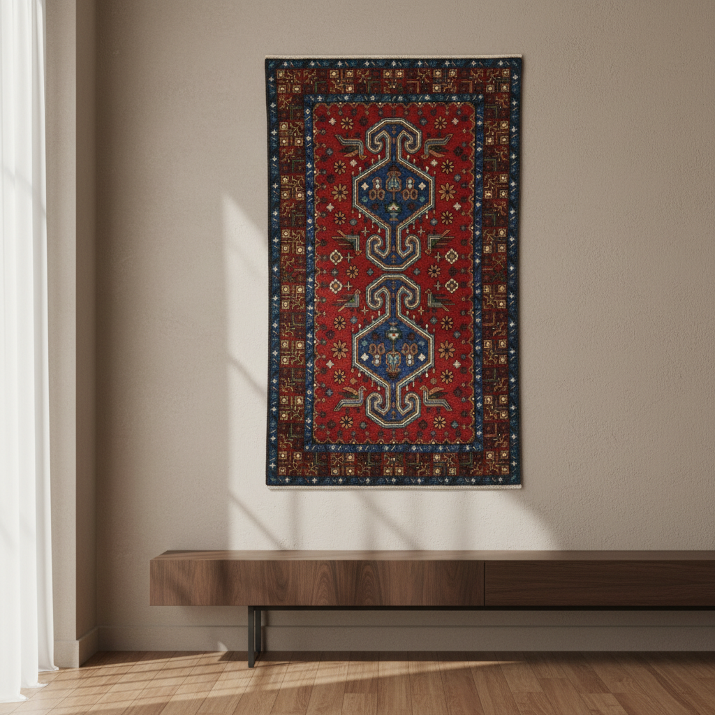 Decorative rug with intricate patterns on a beige wall above a wooden console table.