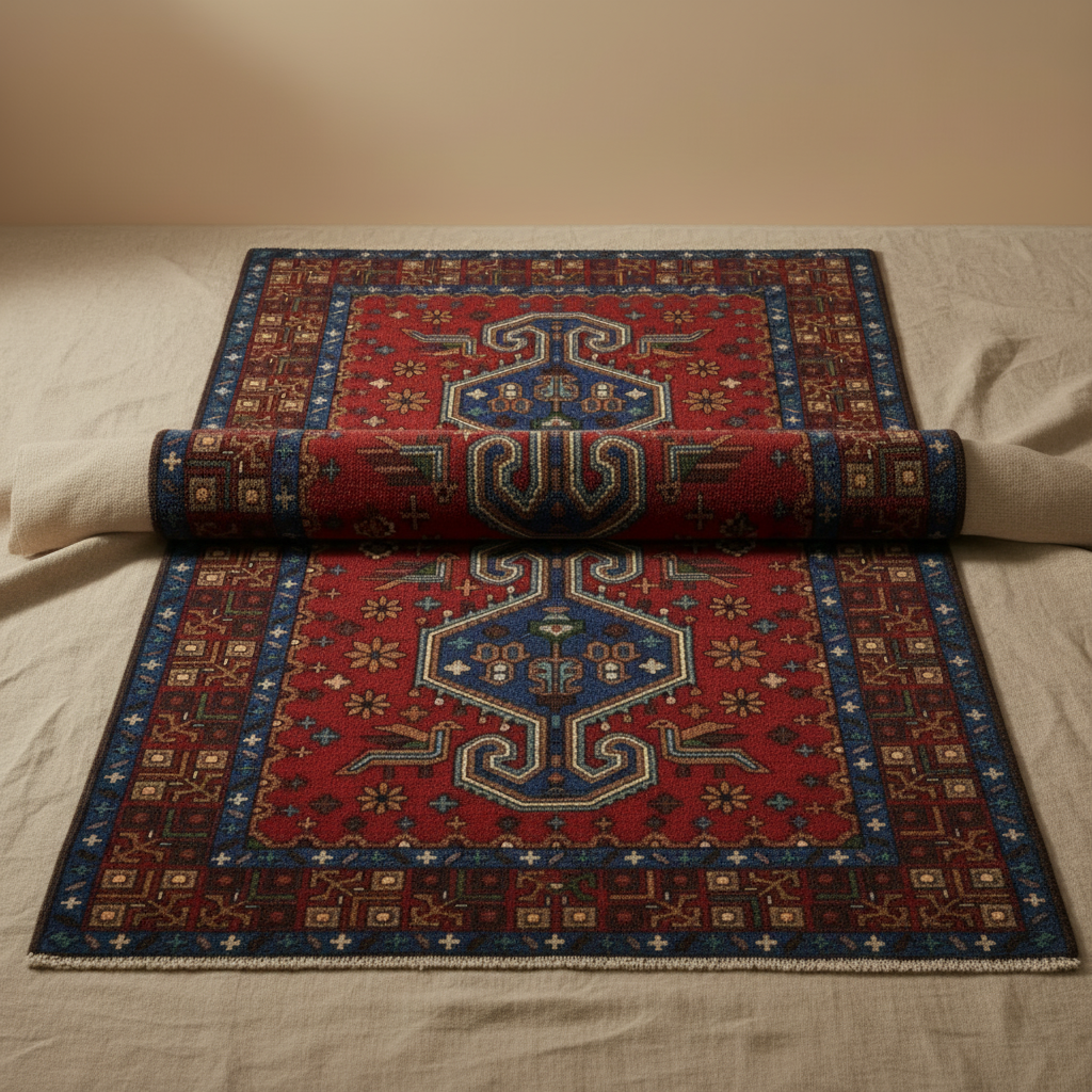 Rolling out a red and blue patterned rug on a beige surface.