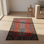 Decorative rug with geometric pattern on a wooden floor in a living room setting.