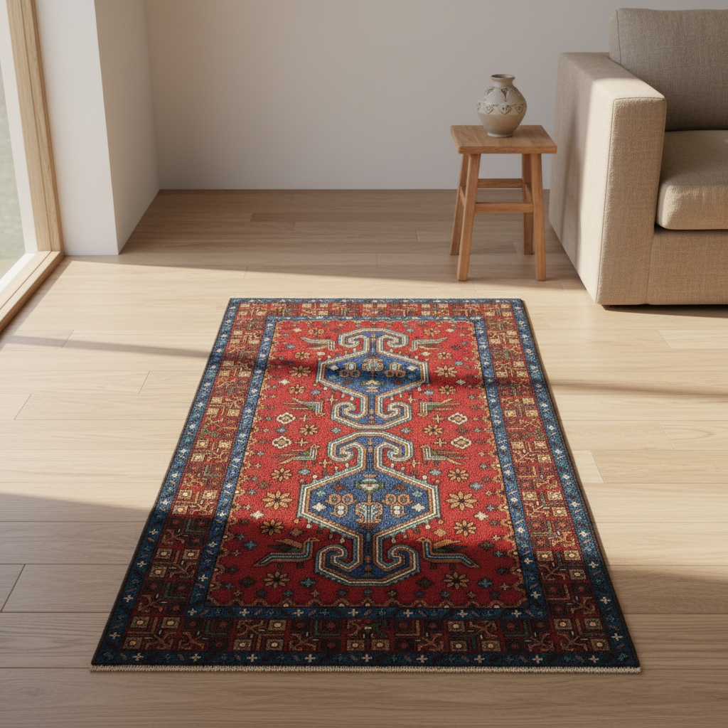 Decorative rug with geometric pattern on a wooden floor in a living room setting.