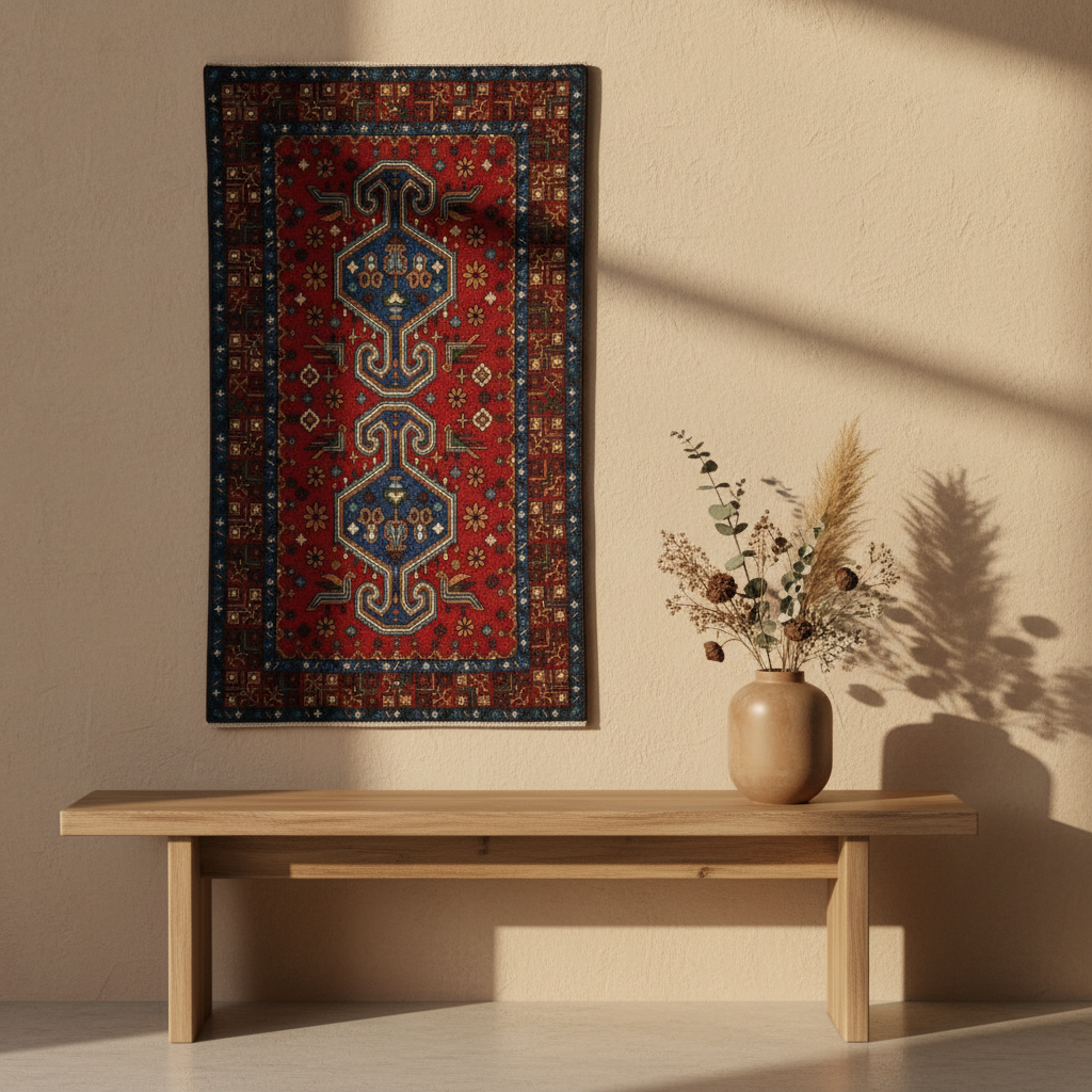 Decorative rug with intricate patterns on a beige wall above a wooden bench with a vase of flowers.