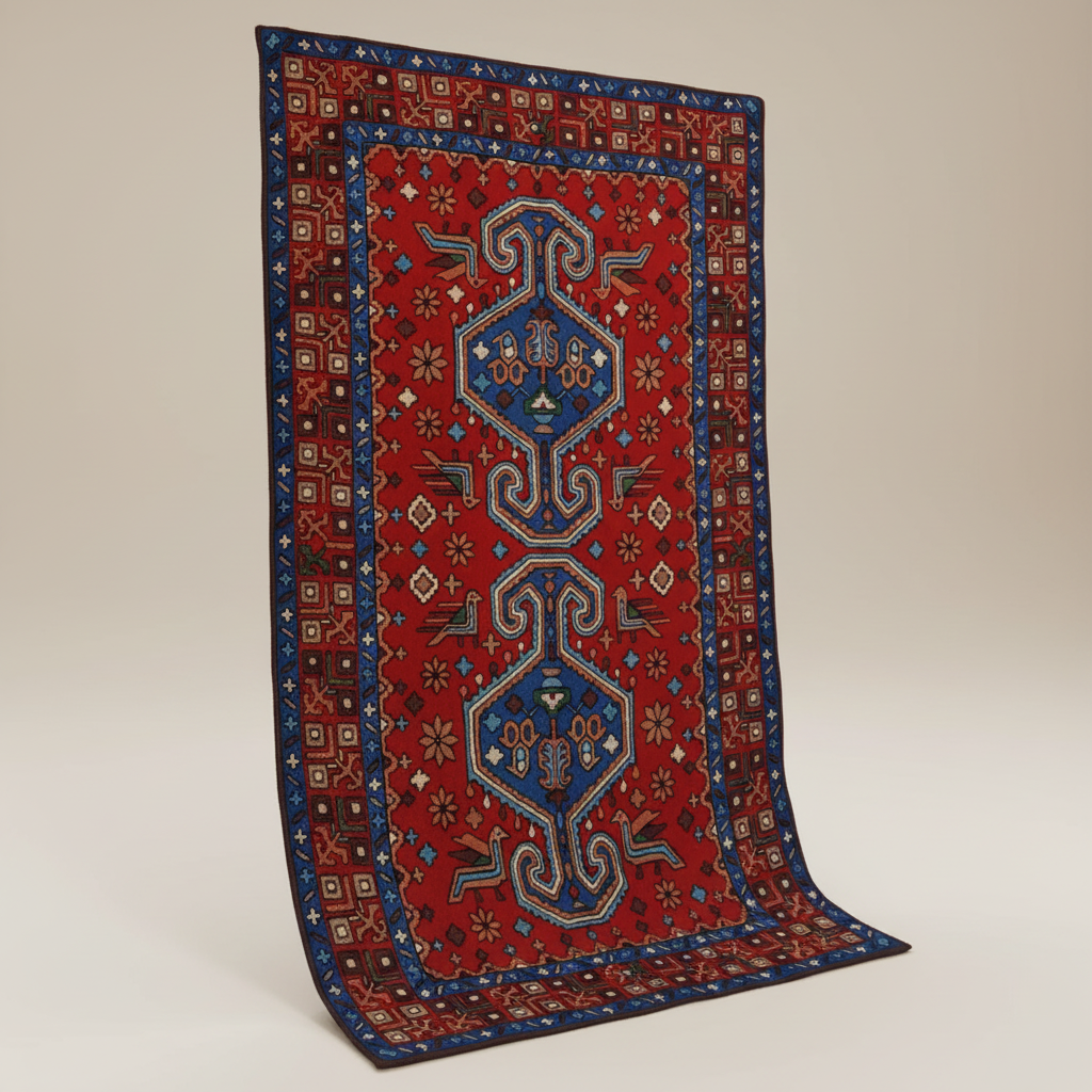 Decorative red and blue patterned rug on a beige background