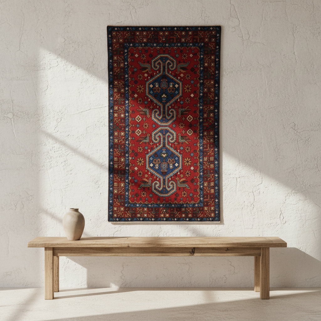 Decorative rug with geometric pattern on a white wall above a wooden bench