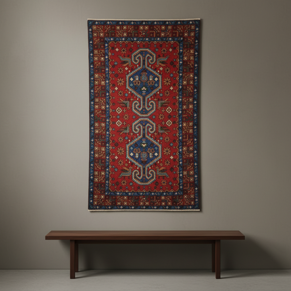 Decorative rug with intricate patterns on a plain wall above a wooden bench.