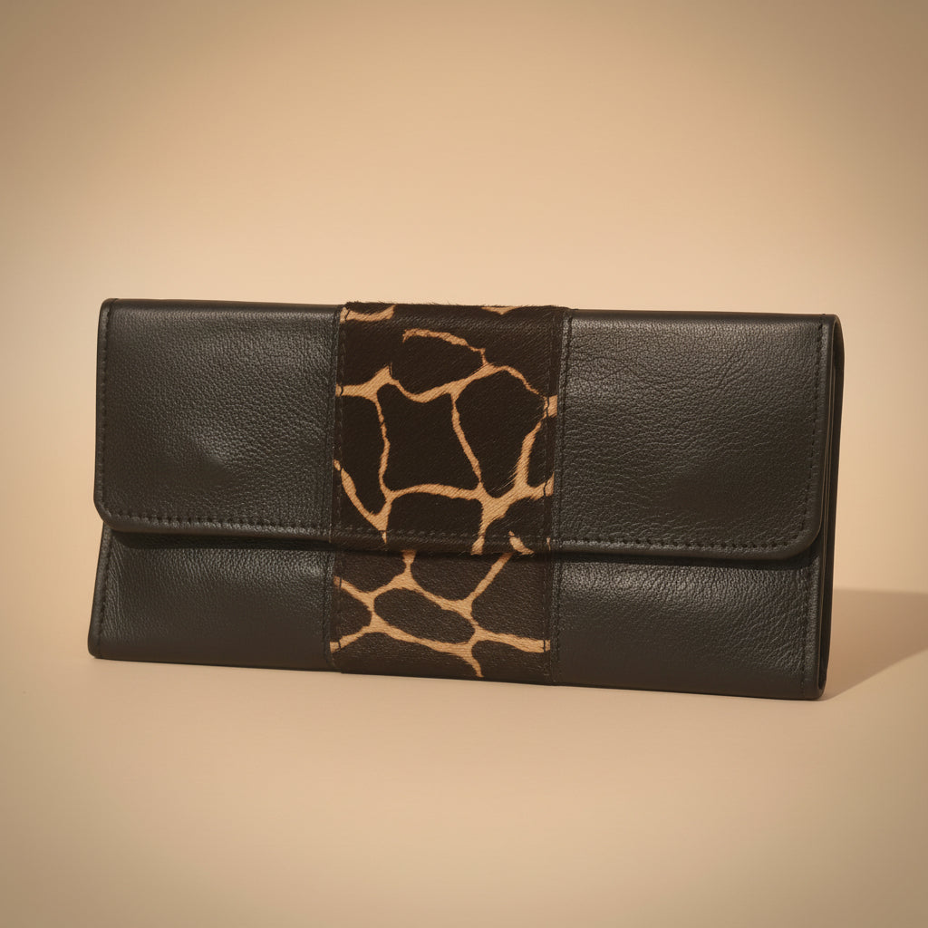 Black leather wallet with a patterned flap on a white background