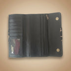 Black leather wallet with camouflage pattern on a white background