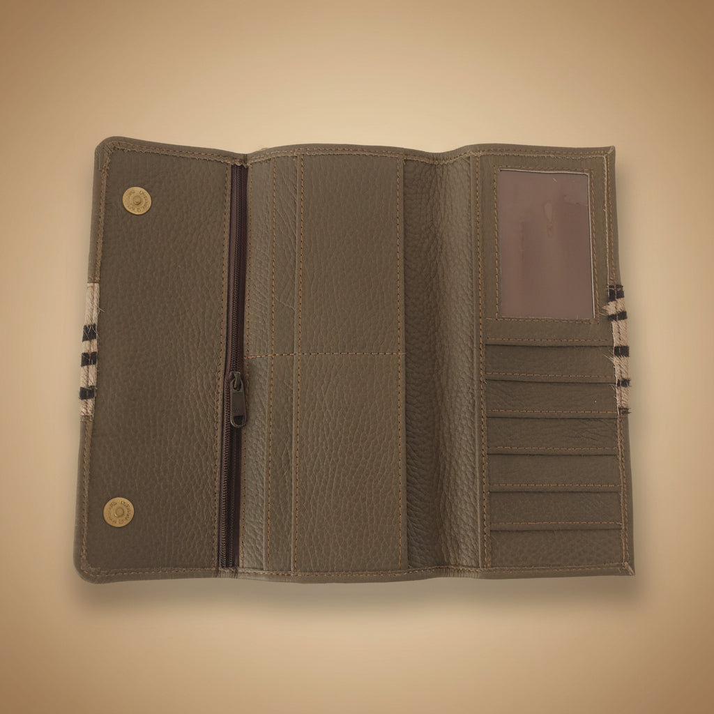 Open green leather wallet on a white background