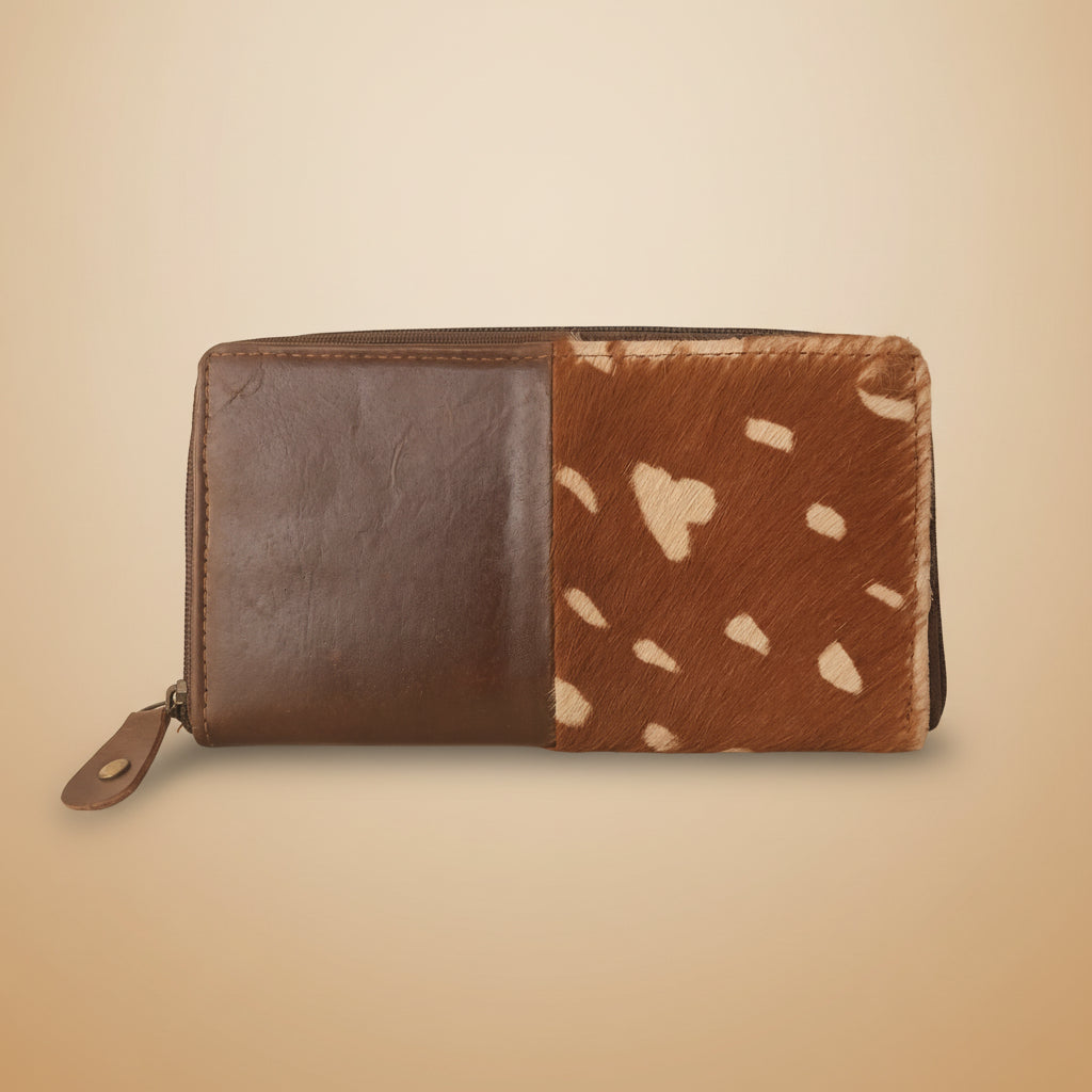 Wallet with brown and white pattern on a light gray background