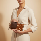 Woman holding a brown clutch with heart patterns against a beige background