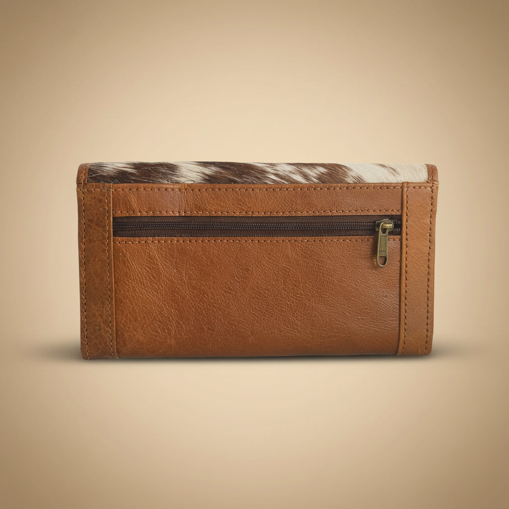 Brown leather wallet with a zipped pocket on a light gray background