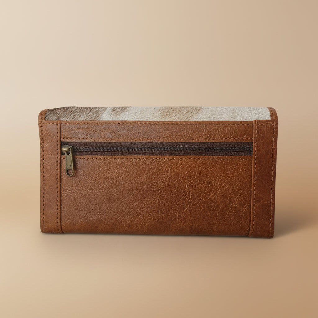 Brown leather wallet with a zipper on a white background
