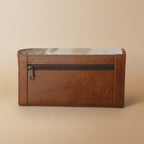 Brown leather wallet with a zipper on a white background