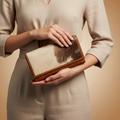 Person holding a brown and beige clutch bag against a beige background