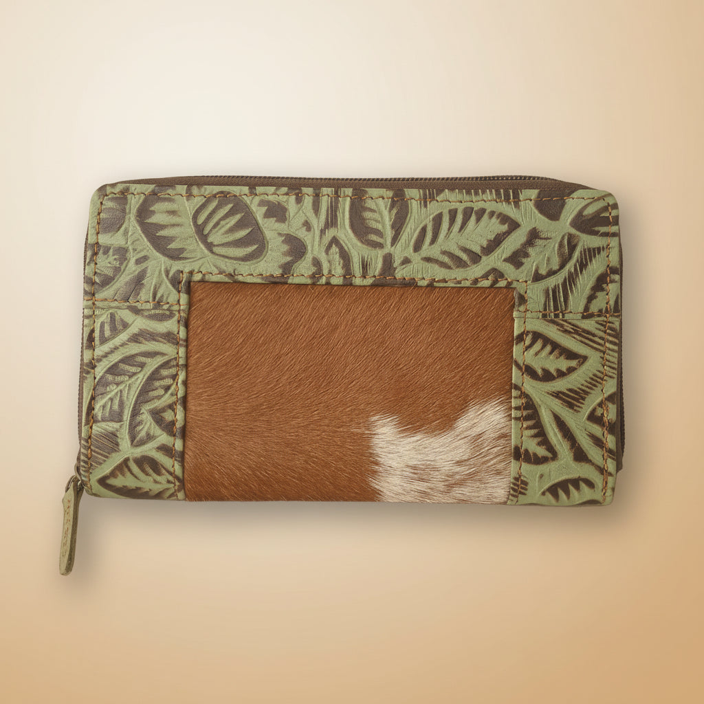 Small pouch with green leaf pattern and brown interior on a white background