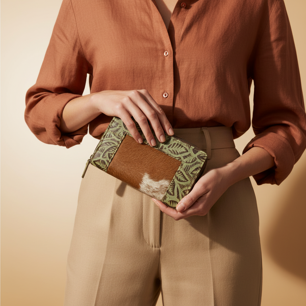 Person holding a brown and green clutch against a beige background