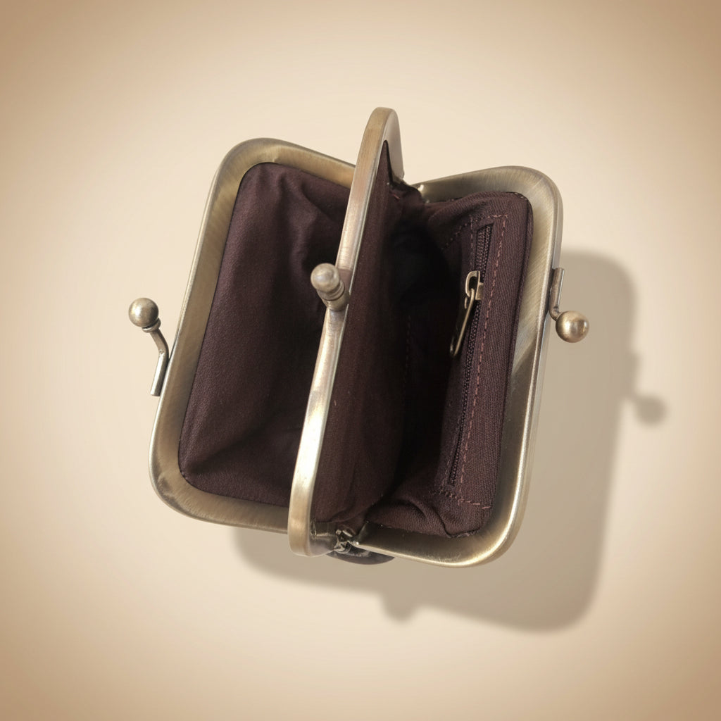 Brown leather purse with metal clasp on a white background