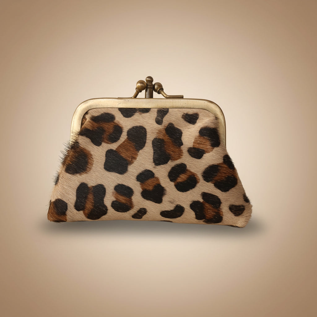 Leopard print coin purse on a light gray background