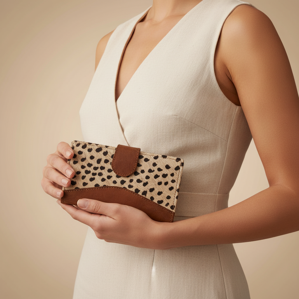 Woman holding a clutch with leopard print design against a beige background