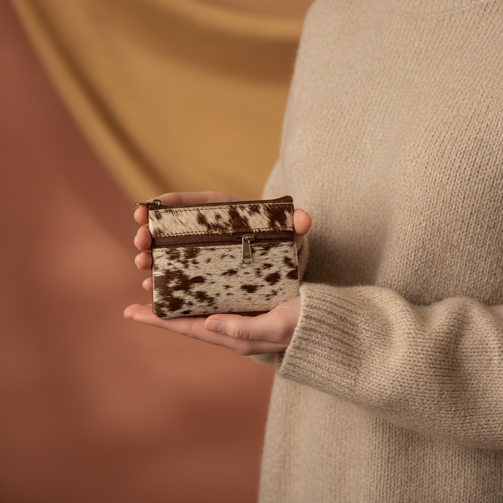 Mini Leather Coin Purse with Natural Hair – Compact Everyday Essential 01