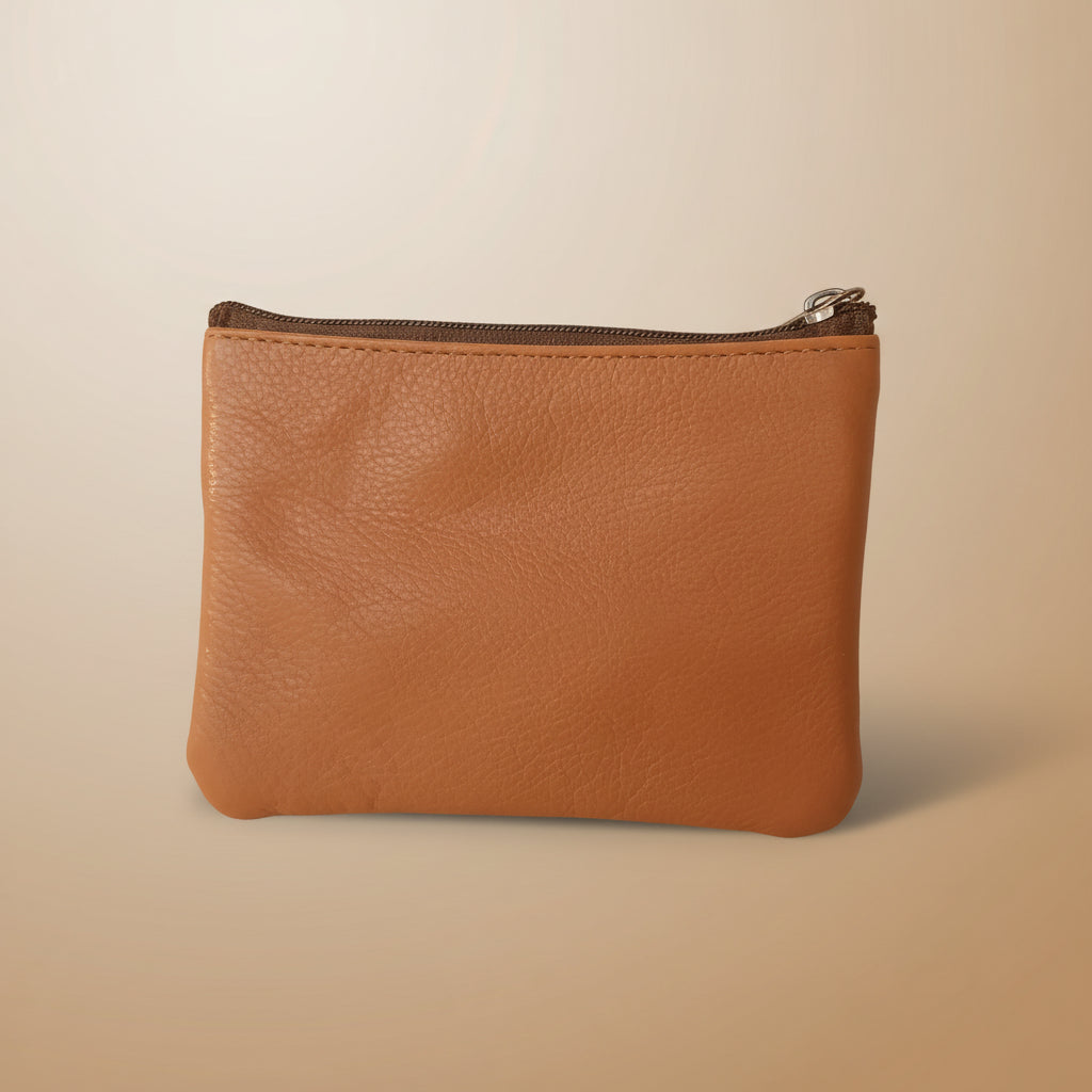 Brown leather pouch with a zipper on a light gray background