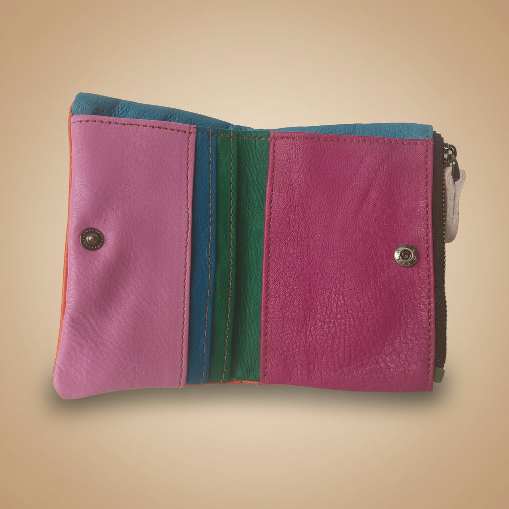 Compact Multicolor Leather Wallet – Zip & Snap Closure