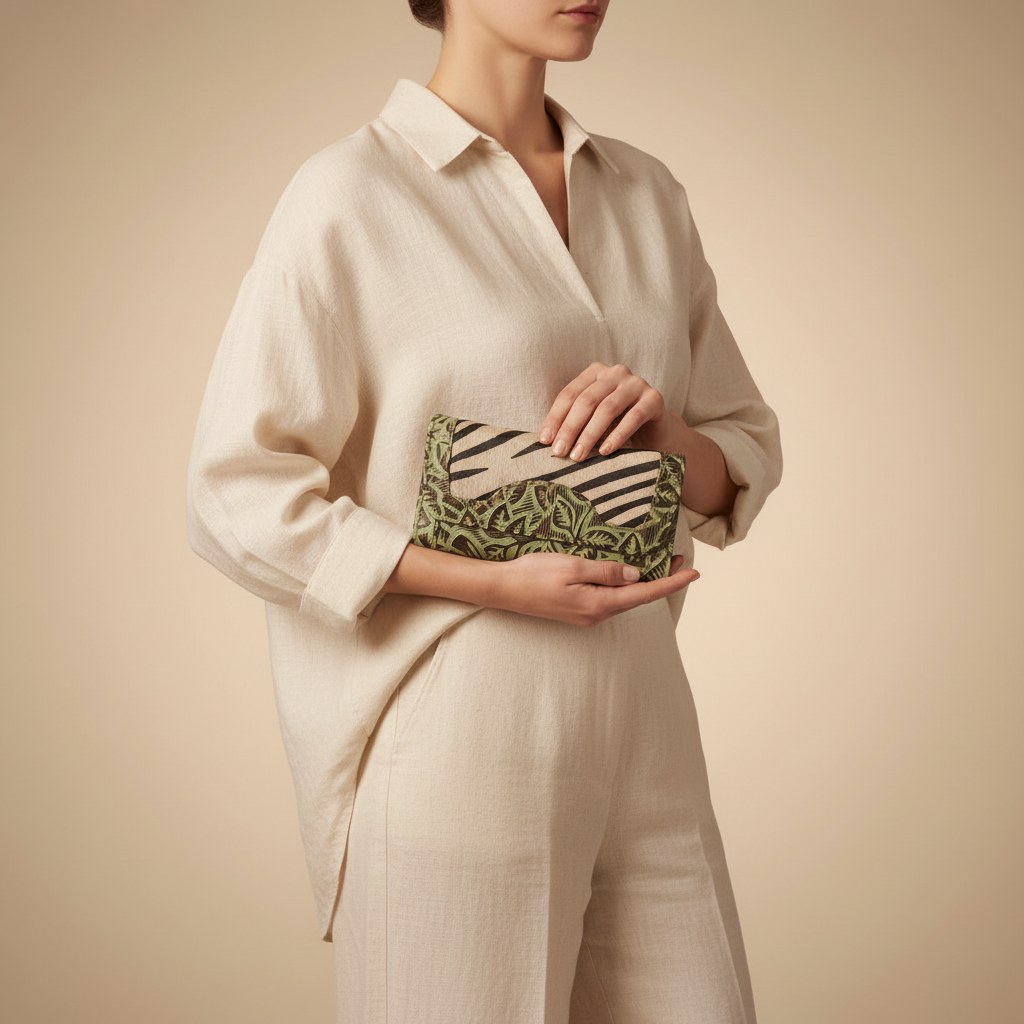 Person holding a green clutch with zebra pattern against a beige background