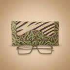 Patterned eyeglass case with a pair of glasses on a white background