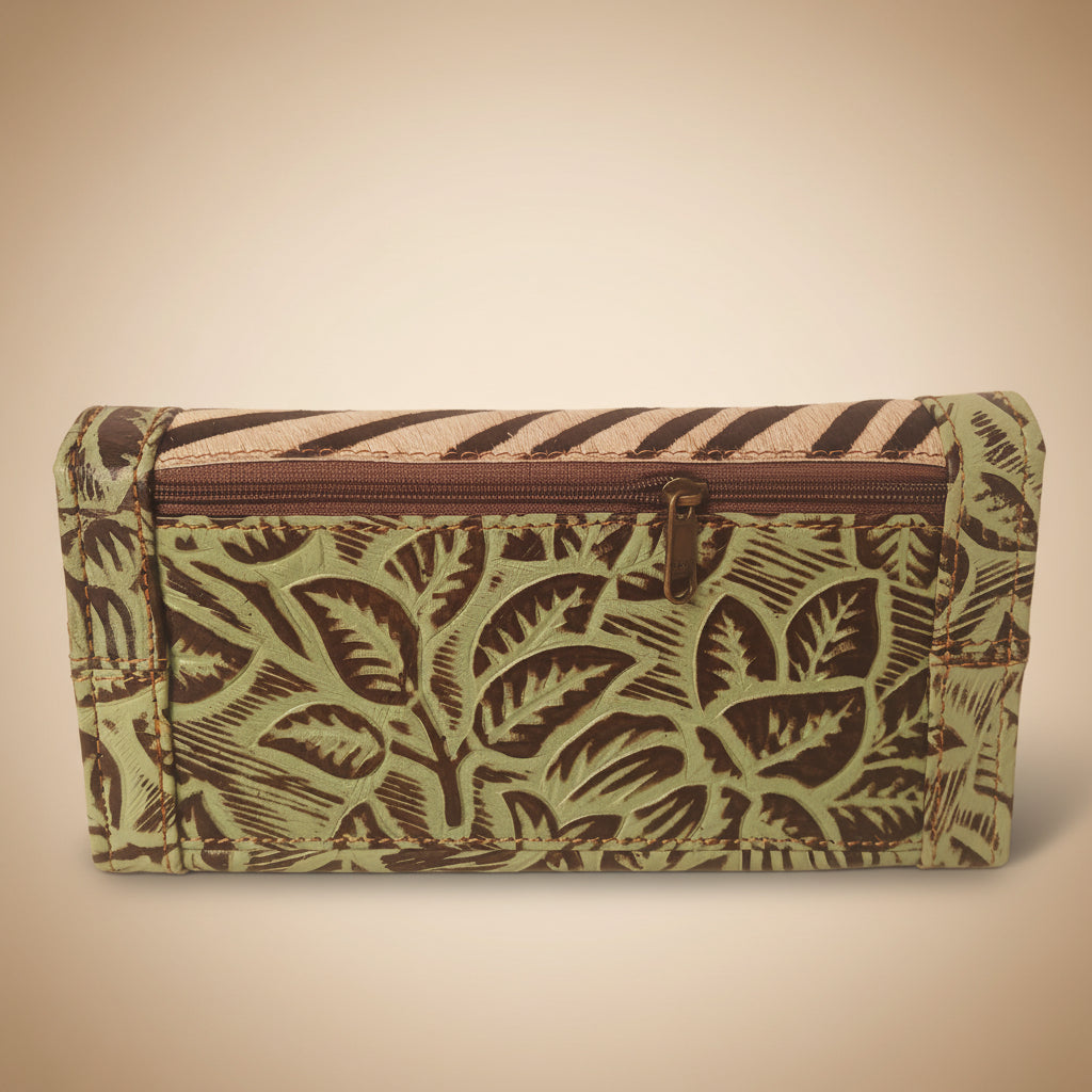 Patterned wallet with a zipper on a white background