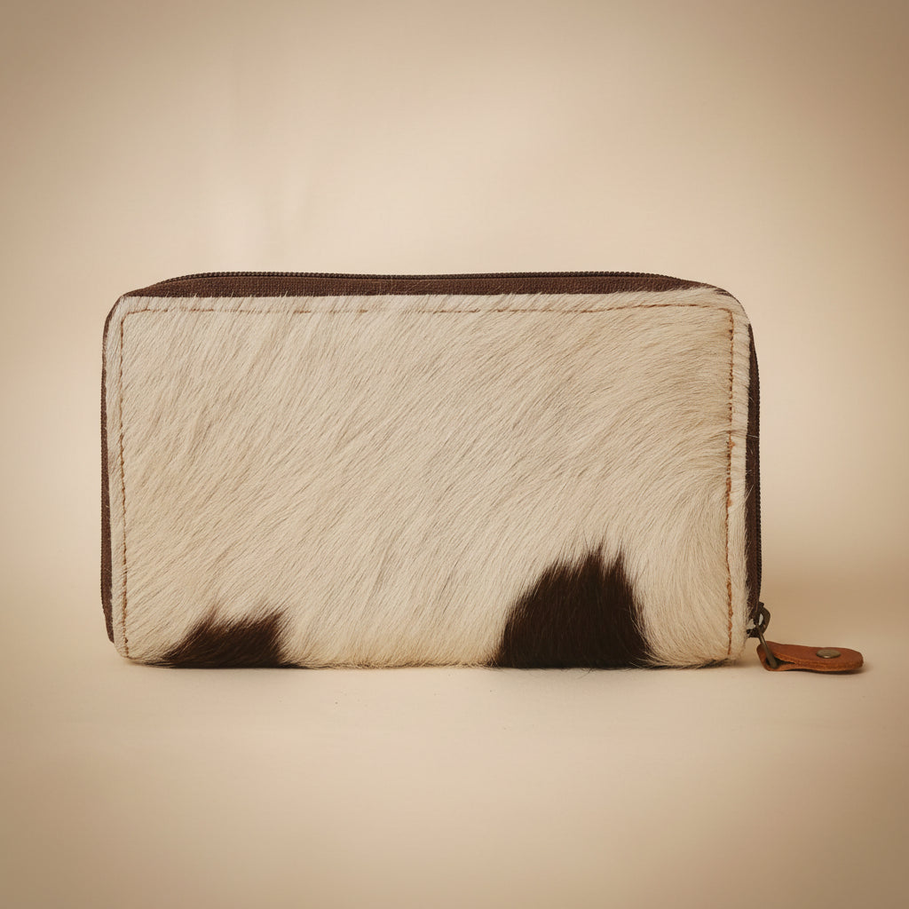 Zipped pouch with cowhide leather texture on a light gray background
