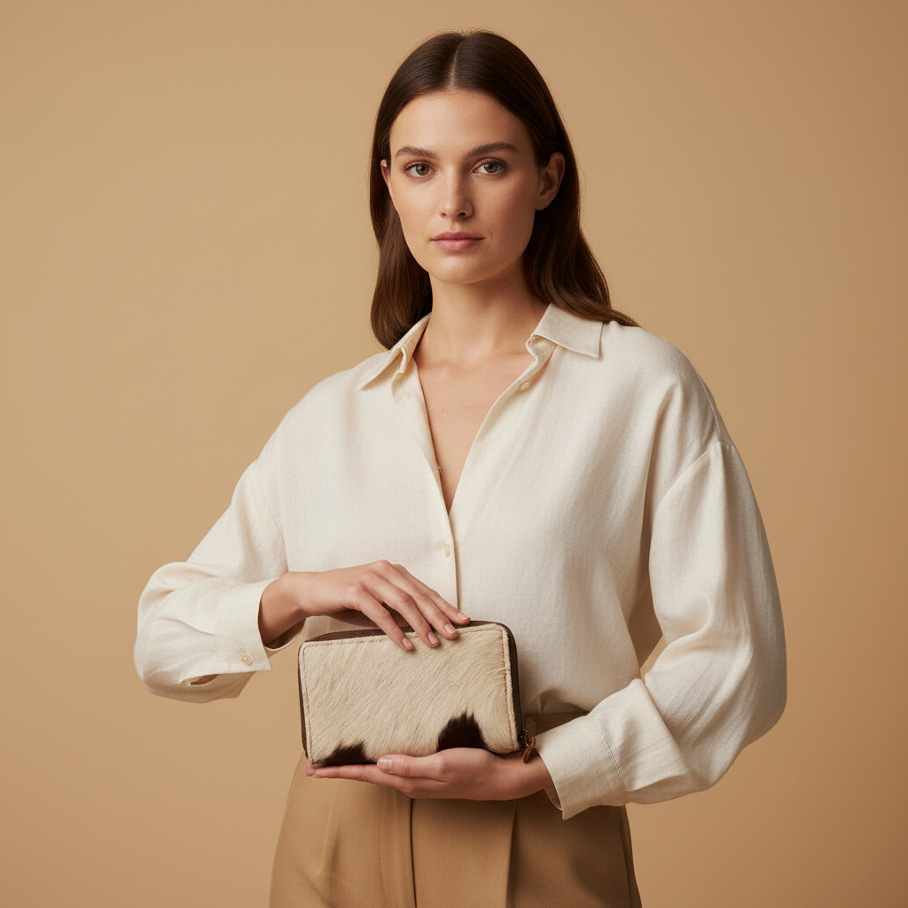 Woman holding a clutch against a beige background