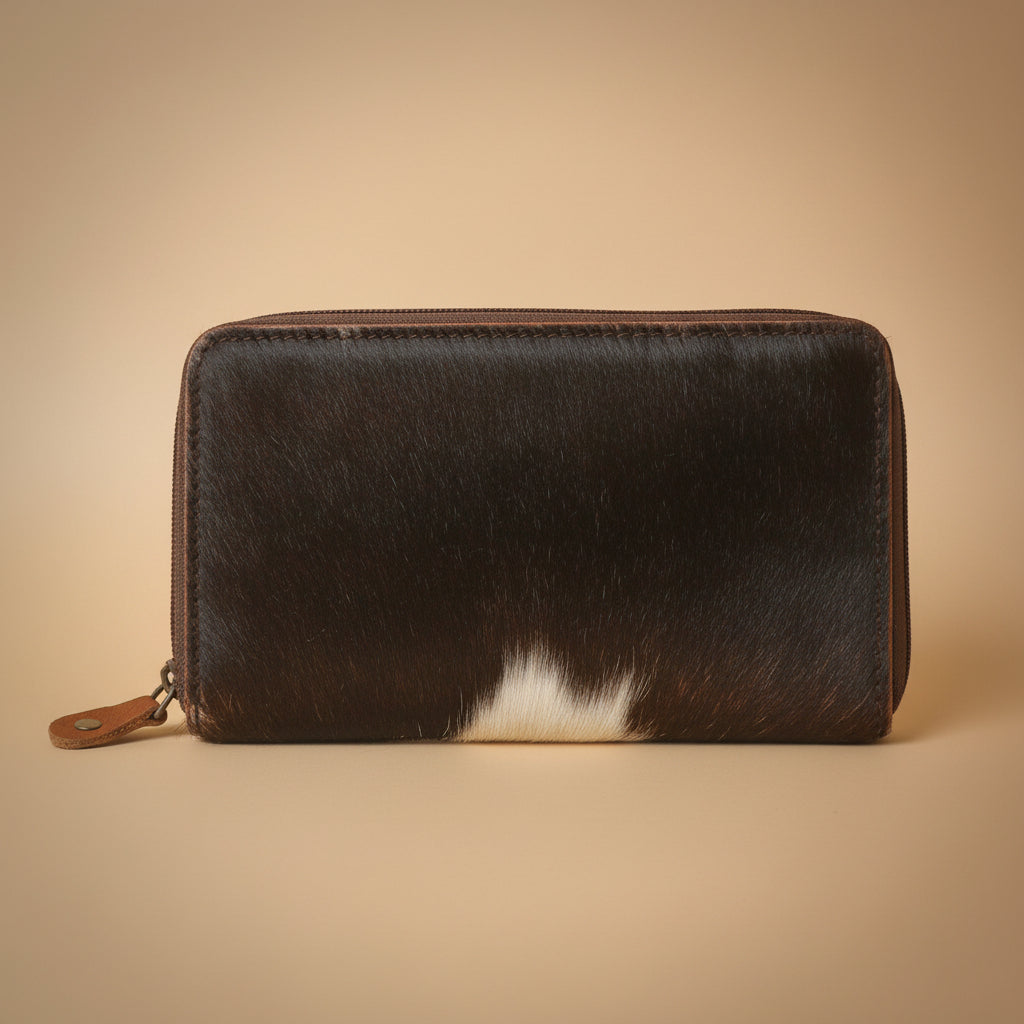 Black and brown hair-on-hide leather wallet on a white background
