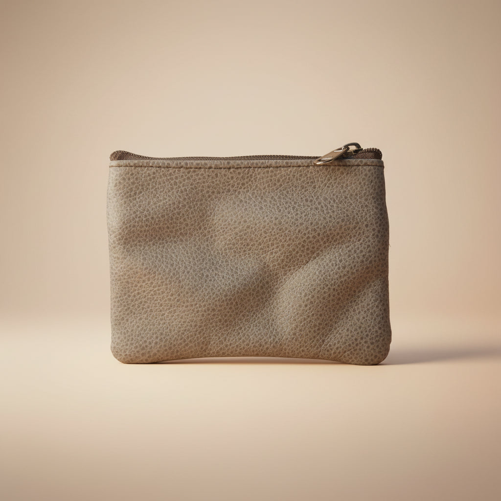 Gray textured pouch with a zipper on a light gray background