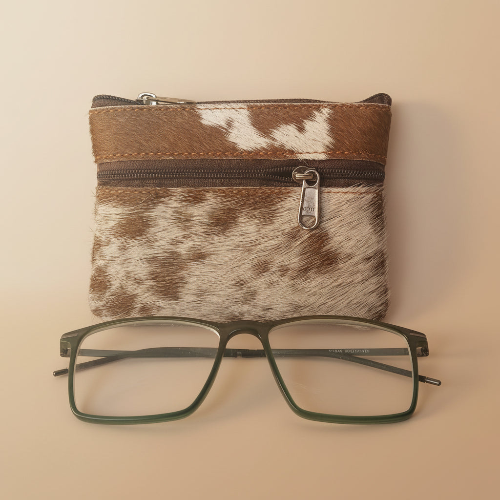 Cowhide pouch with a zipper and glasses on a light gray background