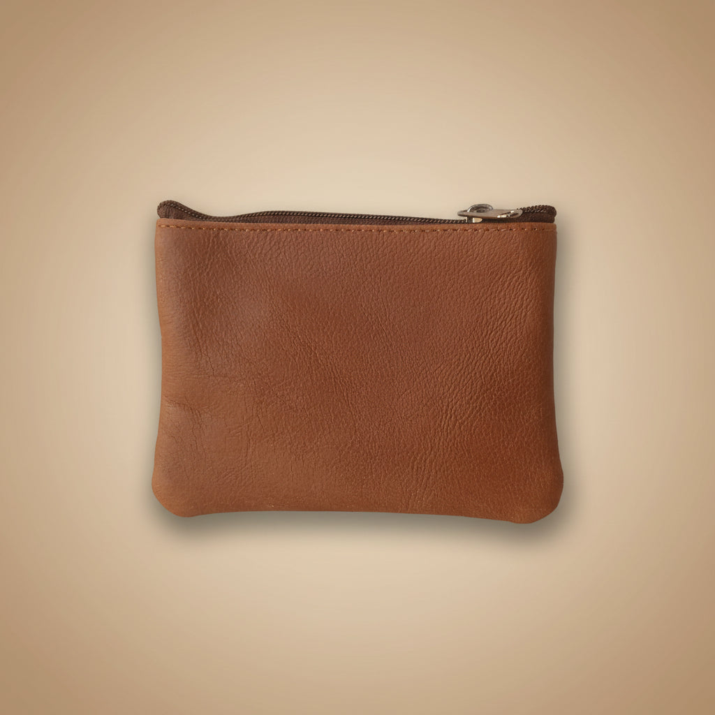 Brown leather pouch with a zipper on a light gray background