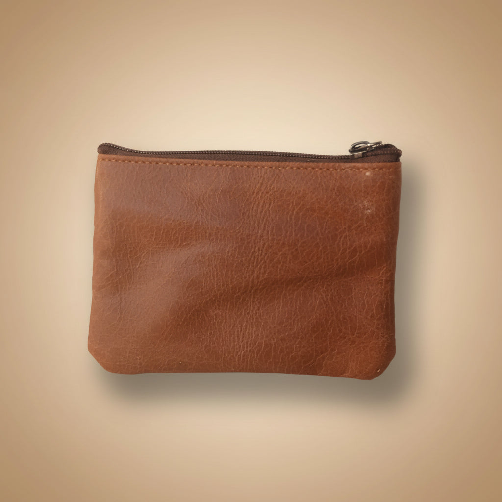 Brown leather wallet with a zipper on a light gray background