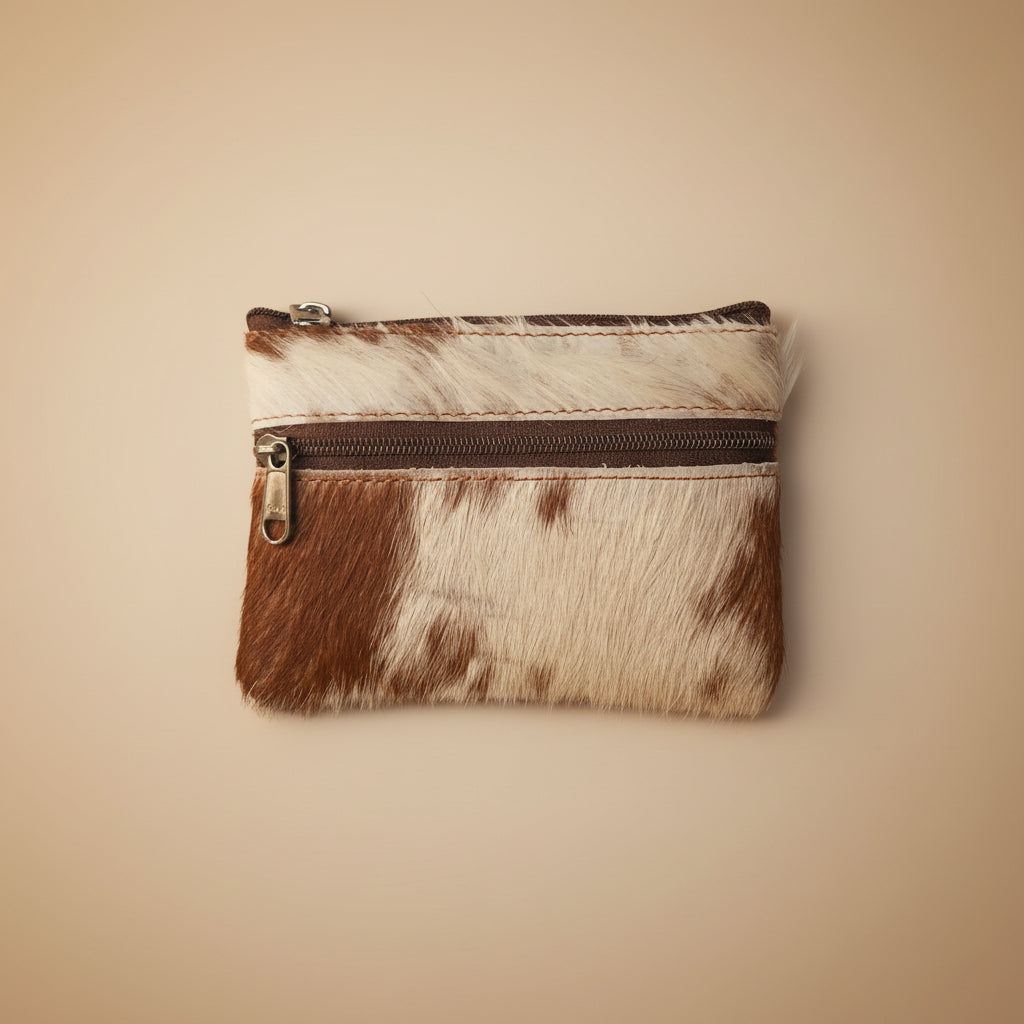 Small pouch with brown and white cowhide texture and zipper on a light gray background