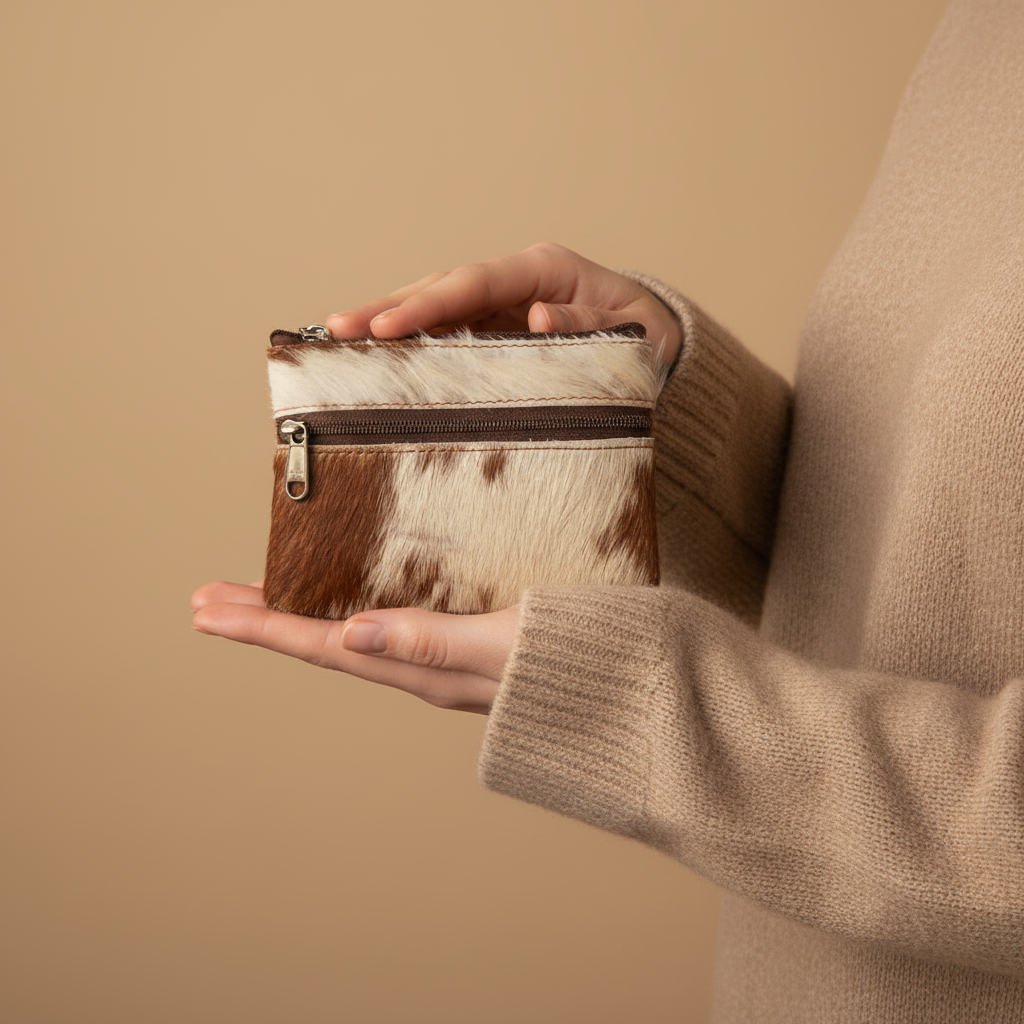 Hand holding a cowhide leather pouch with a brown background