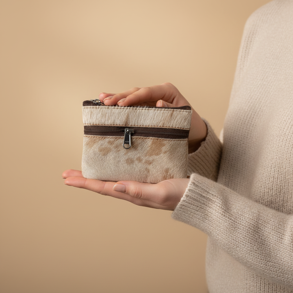 Person holding a small fabric pouch with a zipper against a beige background