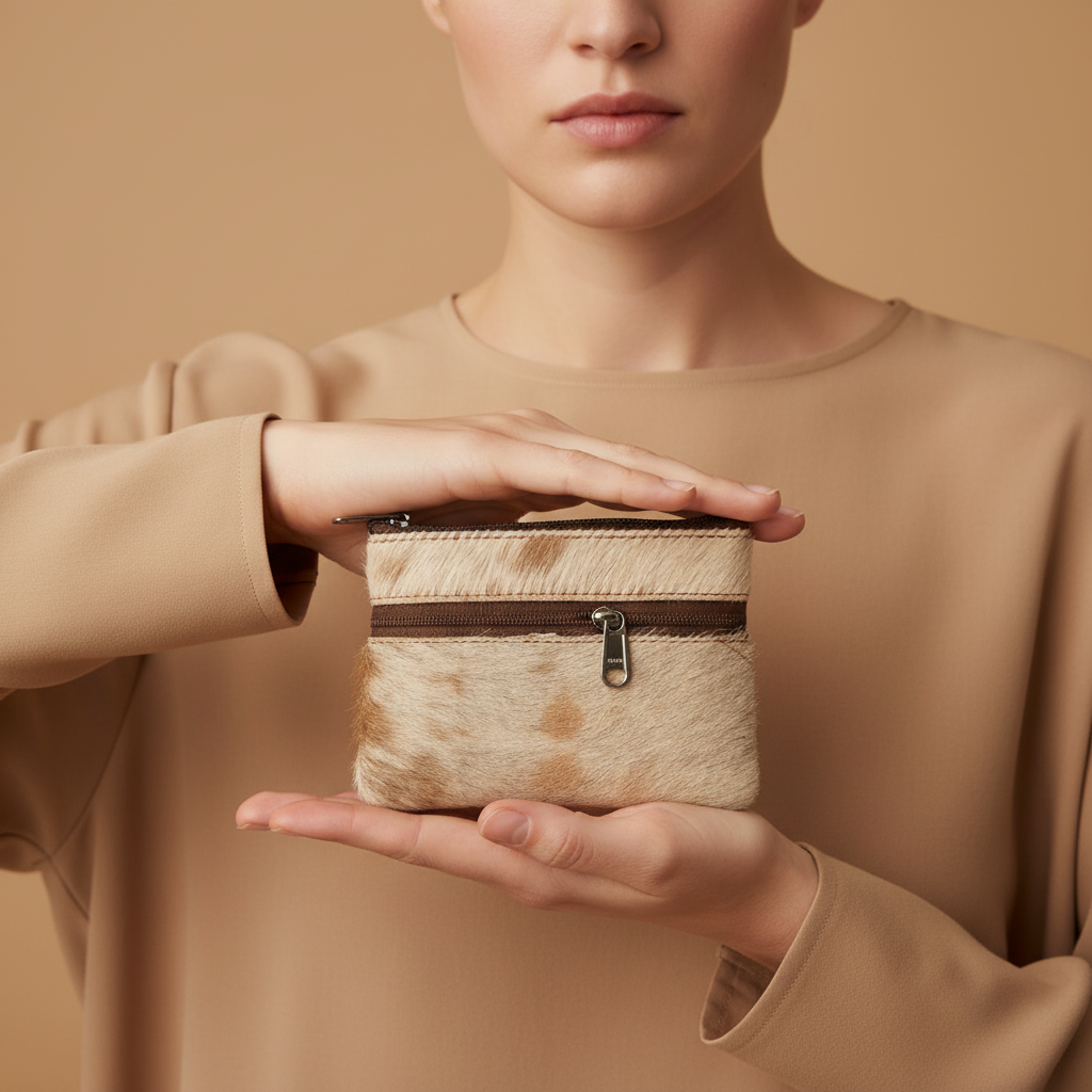 Person holding a small, rustic-style bag with a neutral background