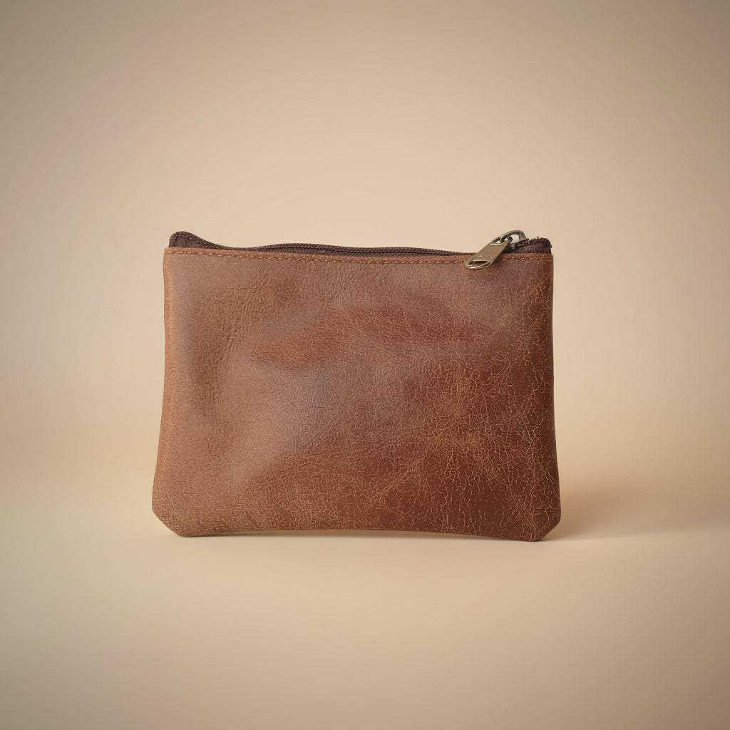 Brown leather pouch on a light gray background