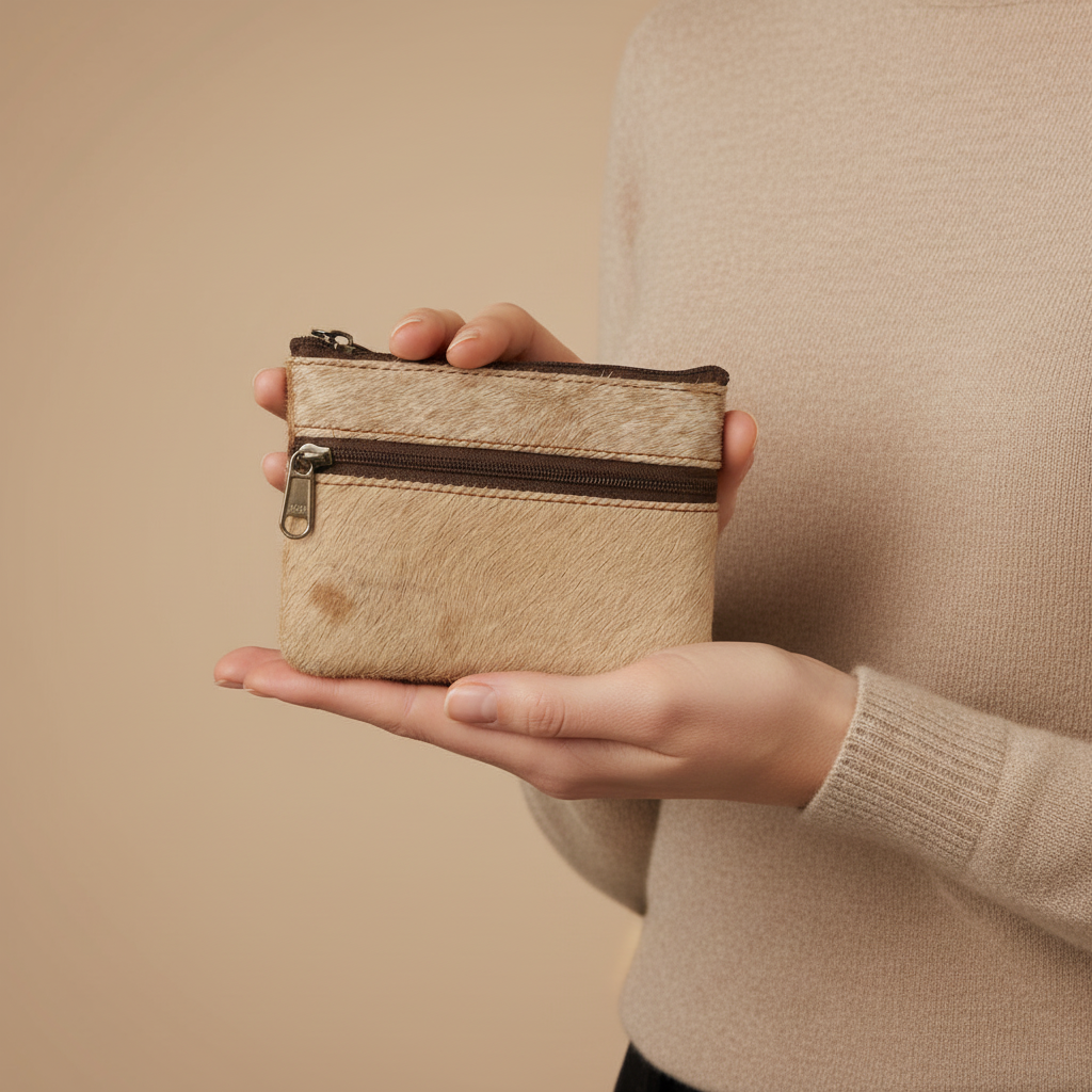 Person holding a small beige purse with a brown zipper against a beige background