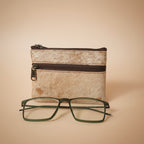 Small pouch with a zipper and glasses on a light gray background
