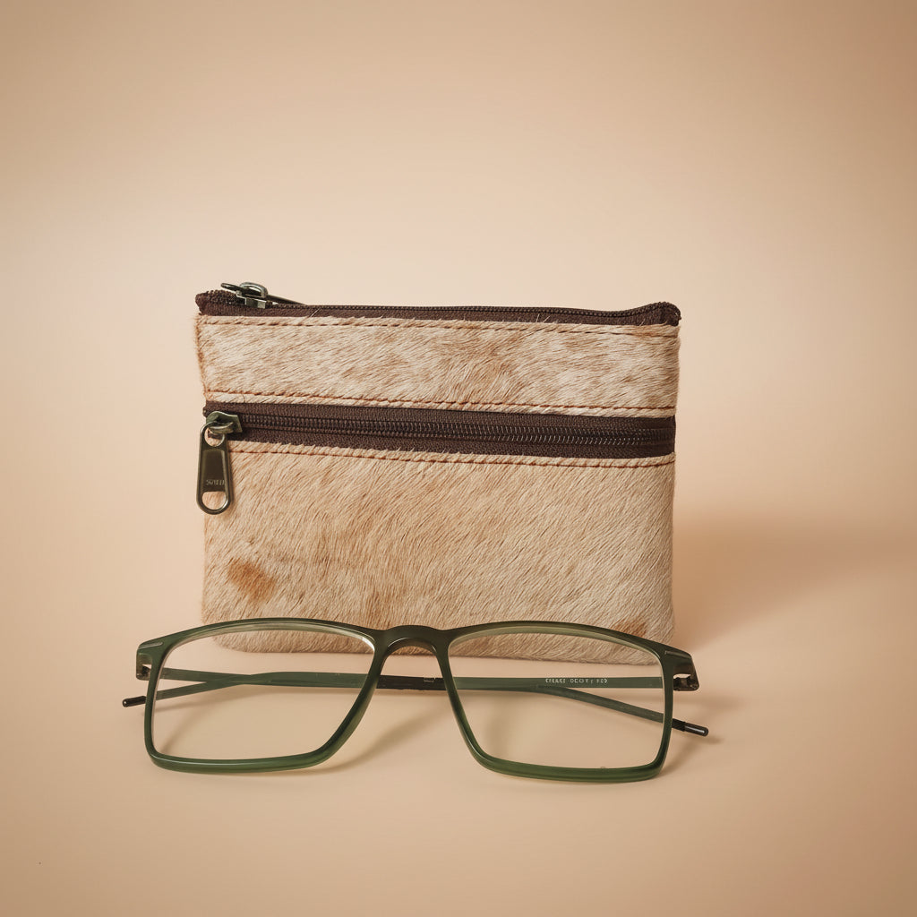 Small pouch with a zipper and glasses on a light gray background