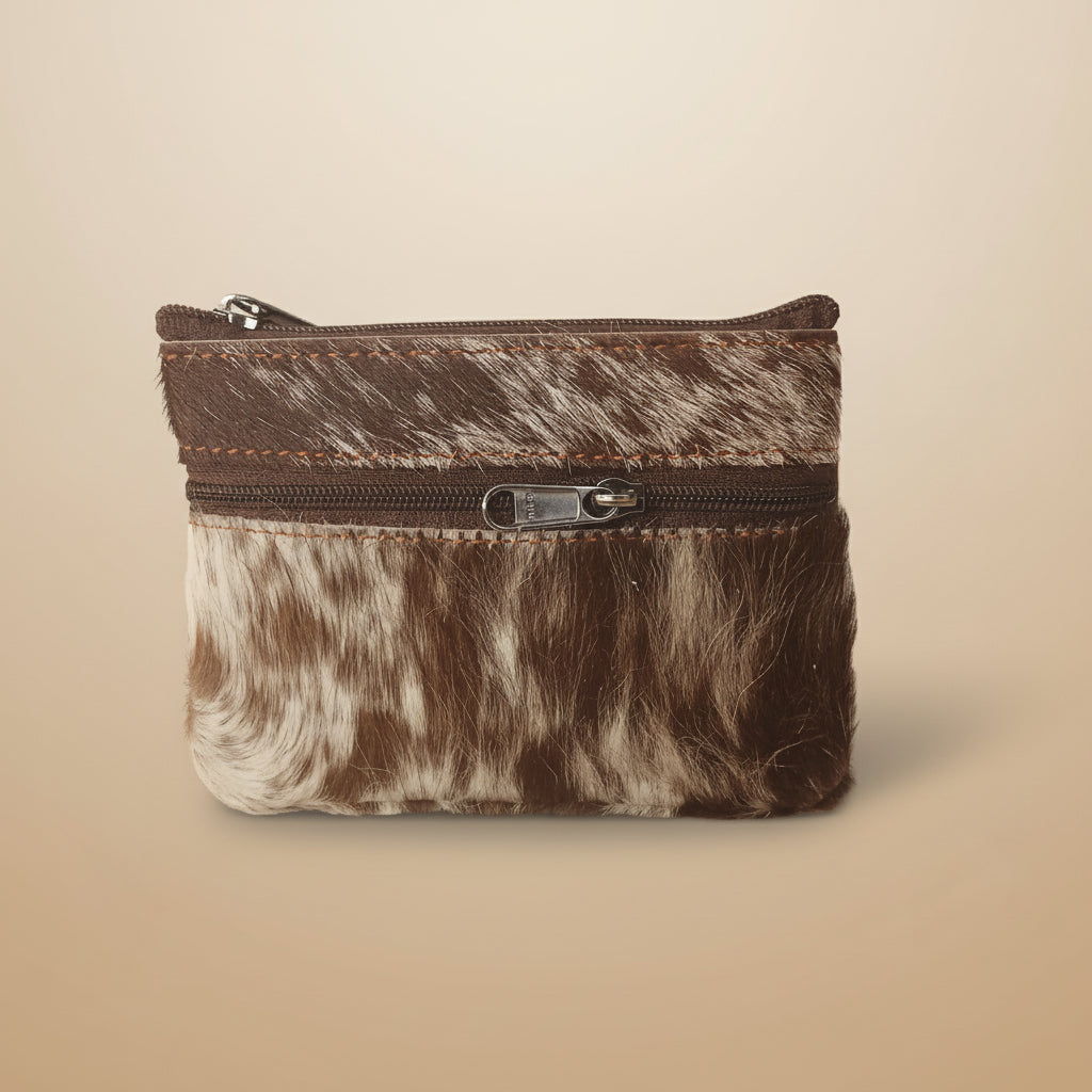 Fur pouch with a zipper on a light gray background