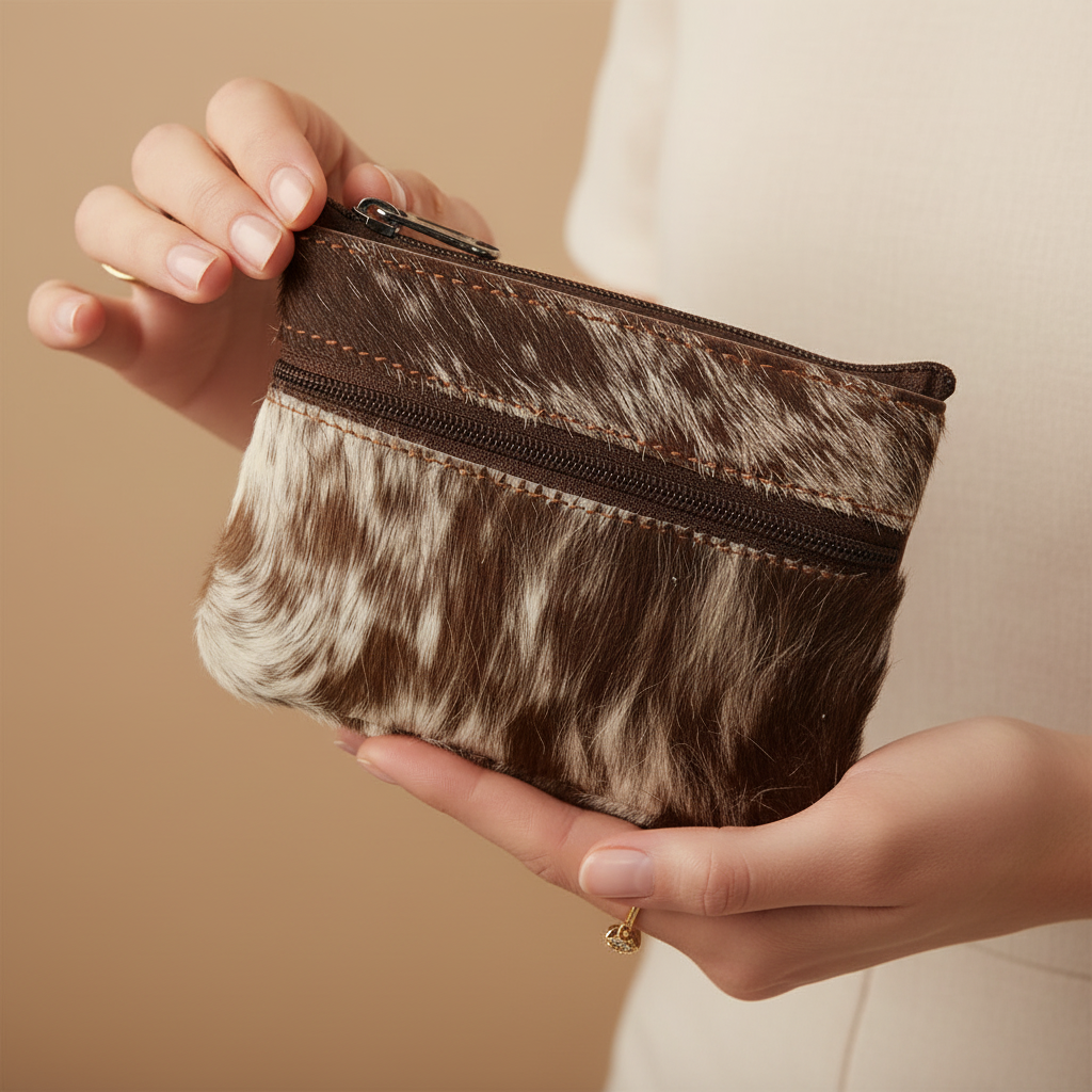 Hand holding a small pouch with cowhide texture and brown zipper against a beige background
